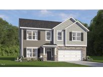 Two-story home boasts a two-car garage, gray siding, a stone foundation, and black shutters at 809 Comice Pear Way, Willow Springs, NC 27592