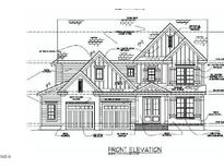 Detailed front elevation blueprint showcasing a charming home design with a two-car garage and classic architectural details at 249 Deer Tail Ln # 45, Fuquay Varina, NC 27526