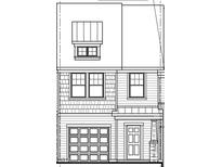A detailed black and white rendering of a charming two-story home with a garage and inviting front porch at 673 Leland Hill Circle, Zebulon, NC 27597