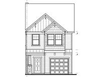 Detailed architectural drawing of a two-story home featuring a covered front entry and attached garage at 677 Leland Hill Circle, Zebulon, NC 27597