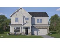 New two-story home with white siding, stone accents, a dark roof, and an attached two-car garage at 2325 Horton Park Dr, Apex, NC 27539
