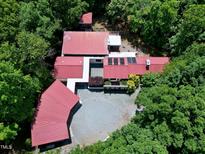 Stunning aerial view of a unique home surrounded by lush greenery, featuring a distinctive red roof and circular driveway at 382 Valley Ln, Pittsboro, NC 27312