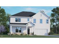 Charming two-story home with white siding, black roof, attached garage, and well-manicured front lawn at 79 Bronco Pace Dr, Clayton, NC 27520