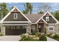 Beautiful craftsman-style home featuring a stone facade, dark siding, decorative timbers, and a black garage door at Lot 16H Good Shepherd Trl, Spring Hope, NC 27882