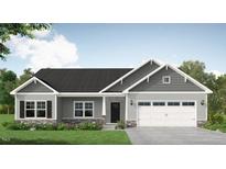 Charming single-story home showcasing gray siding, black shutters, a two-car garage, and manicured landscaping at 276 Pretty Run Branch Ln, Wendell, NC 27591