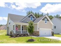 Charming single-Gathering home showcasing a manicured lawn, inviting front porch, and attached garage at 112 Cultivator Ct, Angier, NC 27501