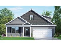 Charming gray two-story home with stone accents, white trim, and an attached two-car garage at 7585 Percussion Dr, Apex, NC 27539