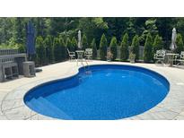 Beautiful in-ground pool features patio furniture and a landscaped fence in a private backyard setting at 150 Sherrill Place Ln, Garner, NC 27529