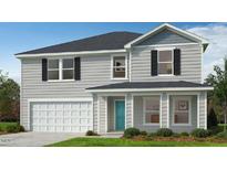 Charming two-story home with gray siding, attached garage, and manicured front lawn at 91 Caspian Ct, Lillington, NC 27546