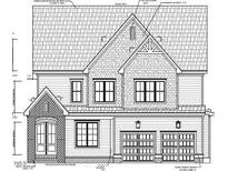 Detailed architectural drawing of a two-story home with a two-car garage and mixed brick and siding facade at 1556 Level Stream Rd, Wendell, NC 27591
