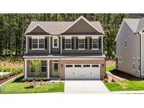 Charming two-story home featuring a brick facade, a two-car garage and manicured lawn at 2329 Field Poppy Dr, Apex, NC 27502