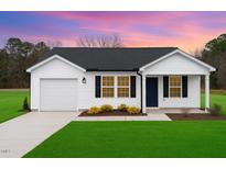 Charming single-story home with a well-manicured lawn, attached garage and welcoming entrance at 261 Johnson Ridge Way, Four Oaks, NC 27524