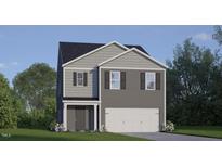 Two-story home with gray siding, a covered entryway, and an attached two-car garage at 218 Palomino Way, Clayton, NC 27520