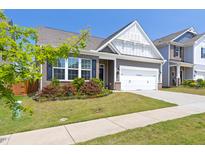 Charming home with a two-car garage, well-manicured lawn, and beautiful landscaping around the front window at 427 Bluffberry Way, Hillsborough, NC 27278