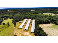 Aerial view of a property featuring several agricultural buildings surrounded by lush greenery at 2642 Holly Springs Church Rd, Broadway, NC 27505