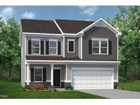 Charming two-story home with gray siding, black shutters, and a covered front porch at 59 Pine Vista Way, Sanford, NC 27332