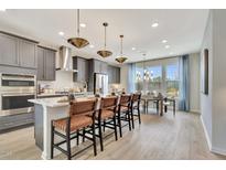 A modern open-concept kitchen with stainless steel appliances, gray cabinets, and a large island with seating at 1190 Alston Landing Way # 2, Cary, NC 27519