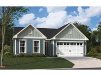 Charming single-Gathering home featuring light blue siding, a two-car garage, and lush green lawn at 2019 Kapalua Way # 200, Durham, NC 27703