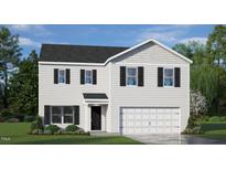 Charming two-story home with black shutters, a gray roof, a two-car garage, and manicured landscaping at 100 Reagan Crest Dr, Clayton, NC 27520