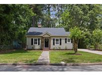 Charming house with manicured lawn, grey siding and black shutters at 308 Greenwood Dr, Durham, NC 27704