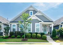 Charming home features a landscaped front yard, gray siding, and a welcoming turquoise front door at 209 Stone River Dr, Wendell, NC 27591