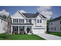 Charming two-story home featuring gray siding, a covered front porch, and an attached two-car garage at 75 Guardian St, Youngsville, NC 27596