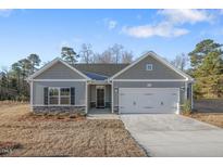 Charming one-story home with gray siding, a two-car garage, and a well-manicured lawn at 294 Pretty Run Branch Ln, Wendell, NC 27591