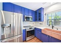 Bright kitchen featuring striking blue cabinets, stainless steel appliances, and copper farmhouse sink at 2101 Piney Brook Rd # 102, Raleigh, NC 27614