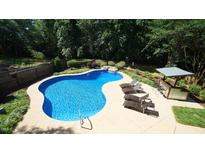 Beautiful in-ground pool featuring a waterfall, lounge chairs, and an outdoor bar for ultimate relaxation and entertainment at 308 Wescott Ridge Dr, Holly Springs, NC 27540