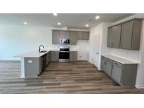 A modern kitchen with stainless steel appliances, gray cabinets, and a breakfast bar provides a central gathering space at 1559 Wendell Valley Blvd, Wendell, NC 27591