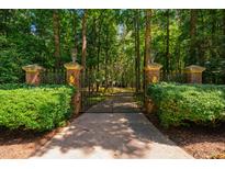 Ornate brick and iron gate leads to a private, tree-lined driveway and estate at 8200 Bromley Rd, Hillsborough, NC 27278