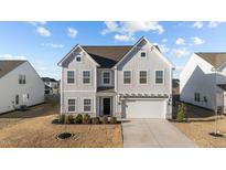 Charming two-story home featuring a manicured lawn, complemented by a well-maintained landscape and a two-car garage at 158 Arlie Ln, Lillington, NC 27546