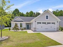 Charming single-story home with gray siding, a two-car garage, and a well-manicured lawn at 100 Haddonfield Ct, Franklinton, NC 27525