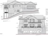 Detailed architectural rendering showing left and rear elevations of the home at 23106 Umstead, Chapel Hill, NC 27517
