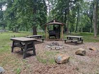 Outdoor kitchen features grilling area, picnic tables and fire pit with a seating area at 4008 Old Nc 86, Hillsborough, NC 27278