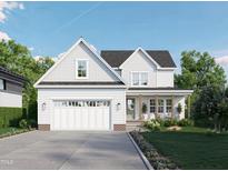 Charming two-story home showcasing a manicured lawn, gray roof, inviting porch, and attached two car garage at 1004 Snow Peak Ct, Raleigh, NC 27603