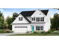 Inviting two-story home featuring white siding, a black roof, and a charming turquoise-colored front door at 293 Harborwood St, Lillington, NC 27546