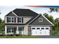 Charming two-story home featuring a two-car garage, stone accents, and dark shutters at 46 Pikewood Ct, Lillington, NC 27546