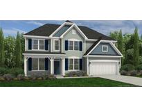 Two-story home with lap siding, blue shutters, a two-car garage, a lawn, and manicured shrubbery at 238 Steeple Ridge, Cameron, NC 28326