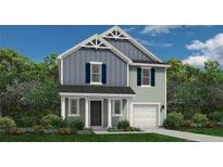 Charming two-story home with blue and green siding, black door, and attached one car garage at 598 Blossom Trl, Lillington, NC 27546