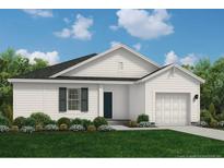 Charming single-story home with white siding, a dark roof, an attached garage, and manicured landscaping at 198 Greenbay Street, Lillington, NC 27546