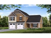 Charming two-story home with a two-car garage and stone accents and neutral colored siding at 203 Uwharrie Way, Sanford, NC 27330