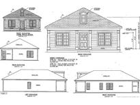 Detailed architectural rendering displaying the front, rear, and side elevations of the home at 221 E Washington St, Coats, NC 27521