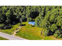 Aerial view of home with blue roof nestled amongst lush trees off the highway at 2708 Nc 87 S Hwy, Cameron, NC 28326