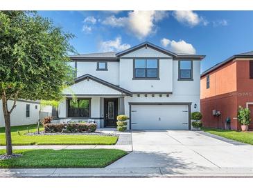 Two-story house with a white exterior, two-car garage, and landscaping at 12282 Creek Preserve Dr, Riverview, FL 33579