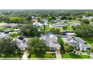 Aerial view of waterfront homes and lush landscaping in a peaceful community at 4532 Shark Dr, Bradenton, FL 34208