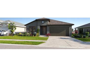 Single-story home with gray exterior, landscaping, and two-car garage at 11813 Moonsail Dr, Parrish, FL 34219
