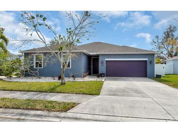 Single-story home with gray exterior, purple garage door, and landscaping at 363 64Th Avenue E Cir, Bradenton, FL 34203