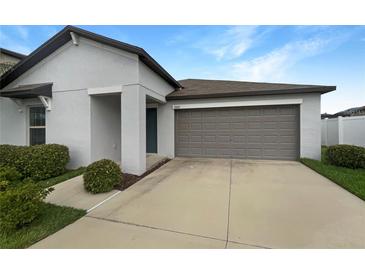 Single-story home with attached garage and landscaped front yard at 13262 Jeter Creek Dr, Riverview, FL 33579