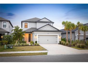 Two-story house with gray siding, landscaping, and a two-car garage at 16135 Paynes Mill Dr, Bradenton, FL 34211